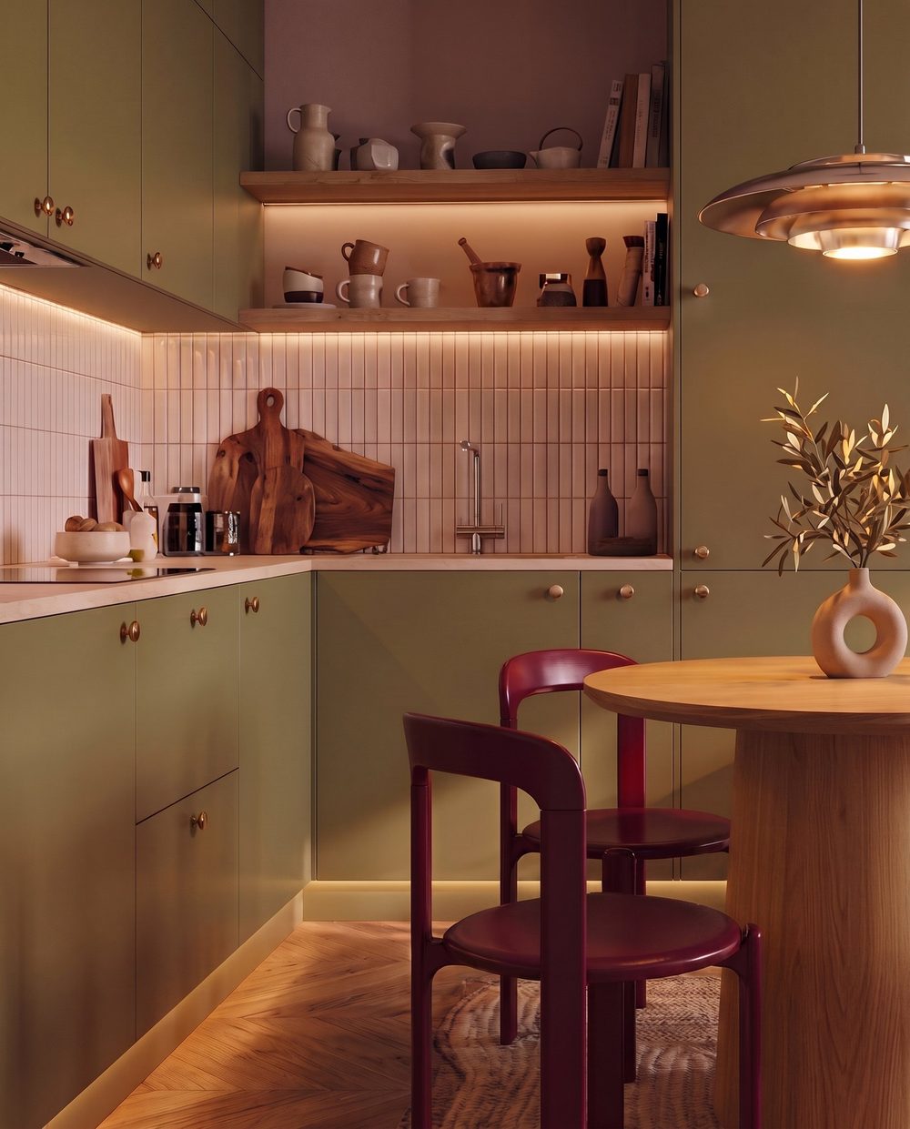 Arredo su misura per una cucina verde in legno, design italiano.