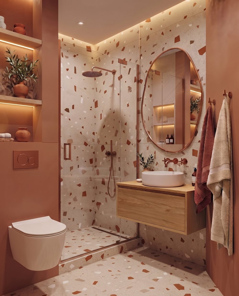 Bagno moderno in terrazzo veneziano nei toni della terracotta.