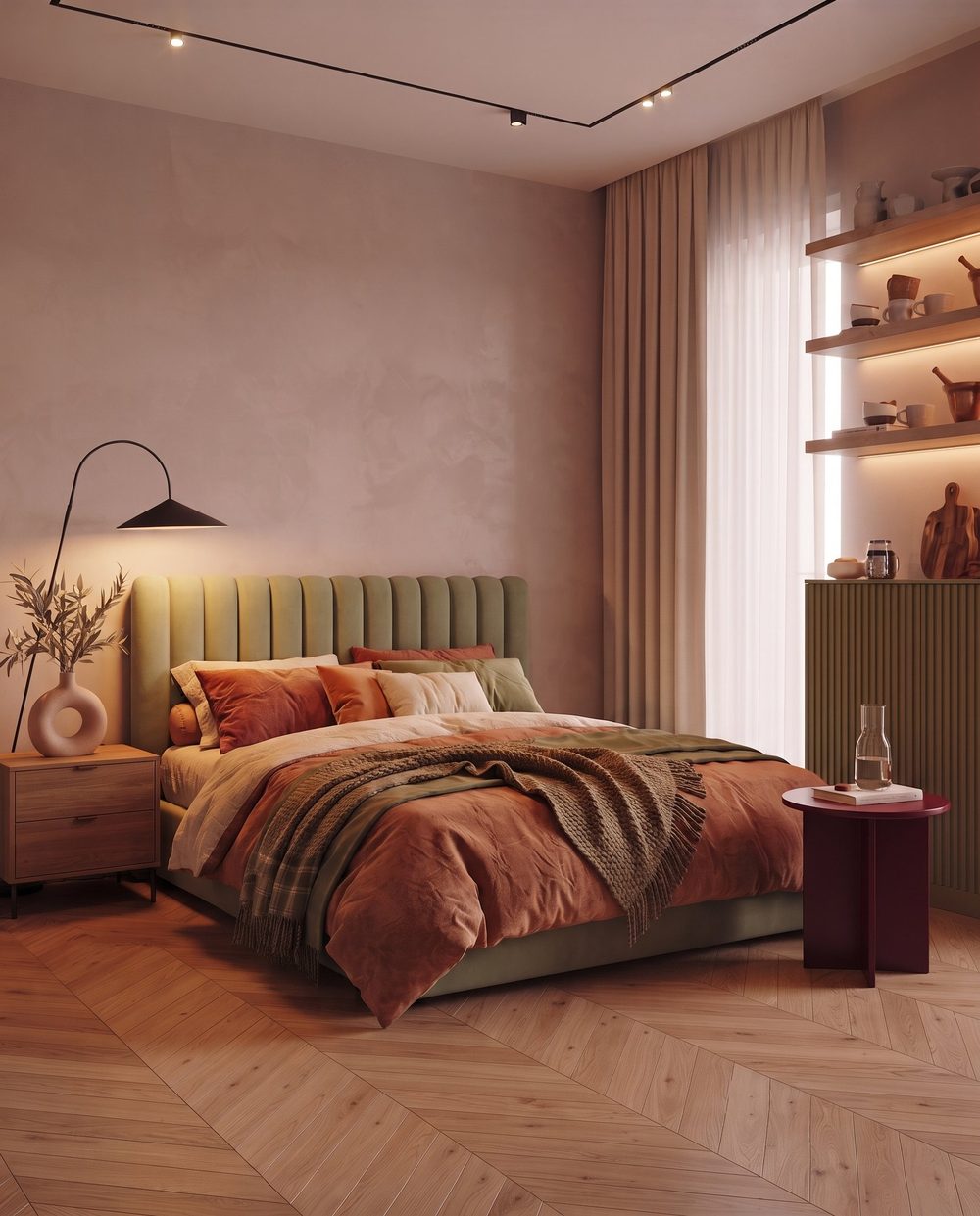 Camera da letto con parquet a spina di pesce in disposizione chevron.