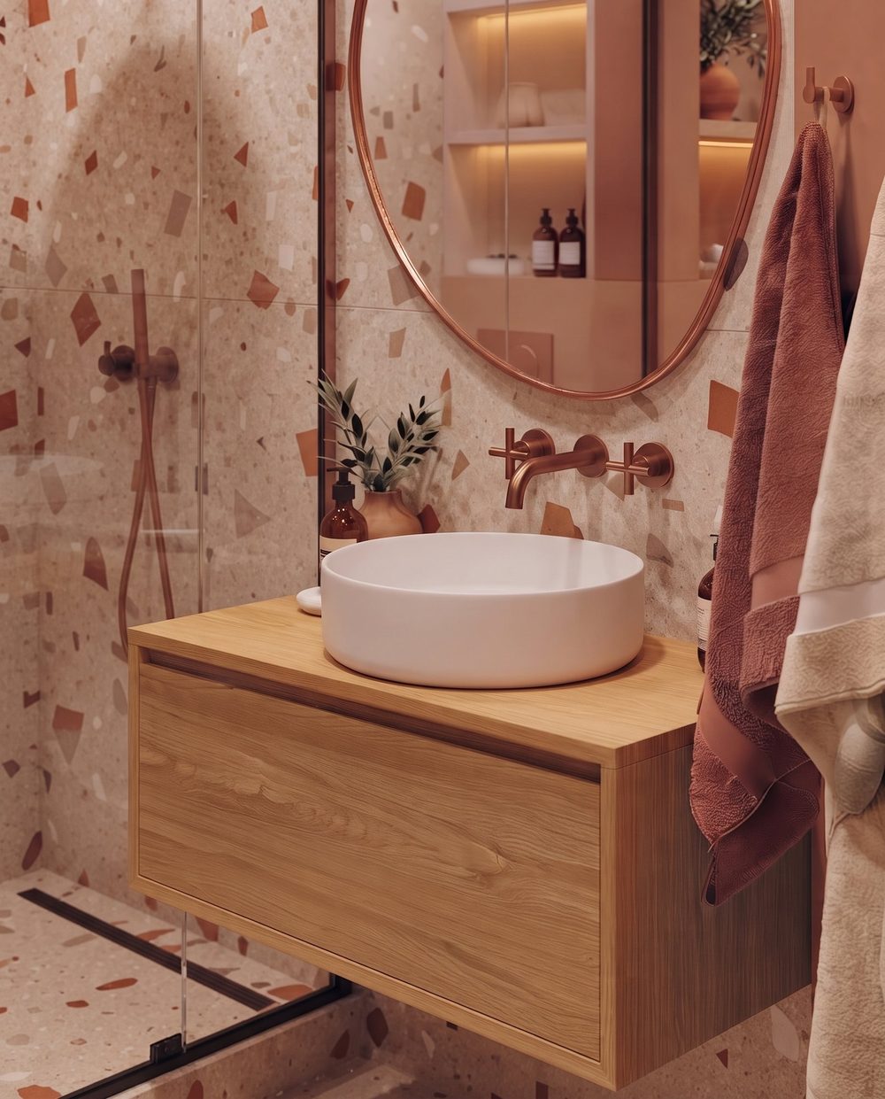Mobile lavabo sospeso in legno con specchio, design del bagno.