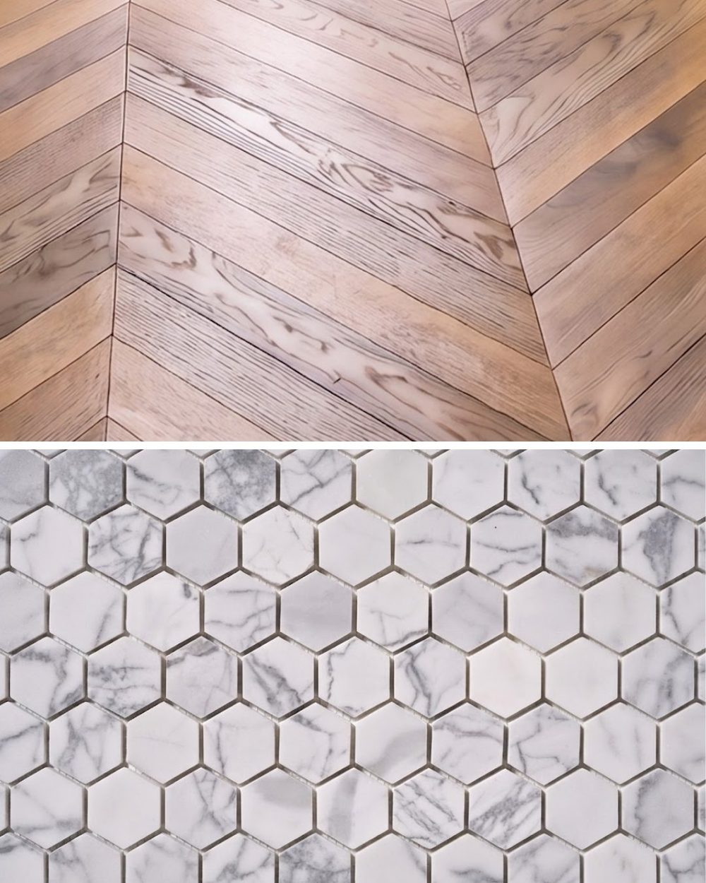 Bagno blu: abbinamento di parquet a spina di pesce e rivestimento a mosaico.