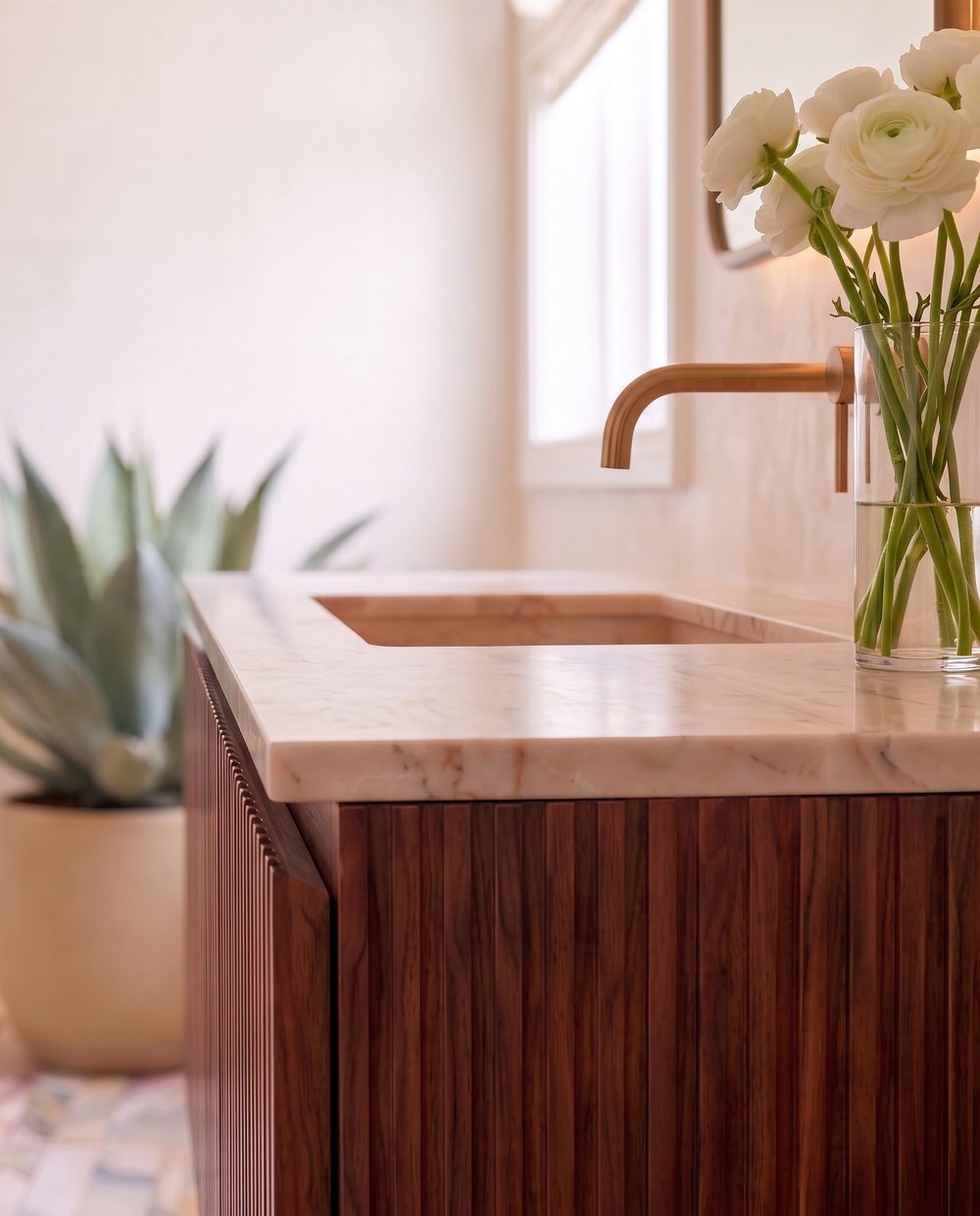 Mobile bagno in legno su misura con rubinetteria in ottone.