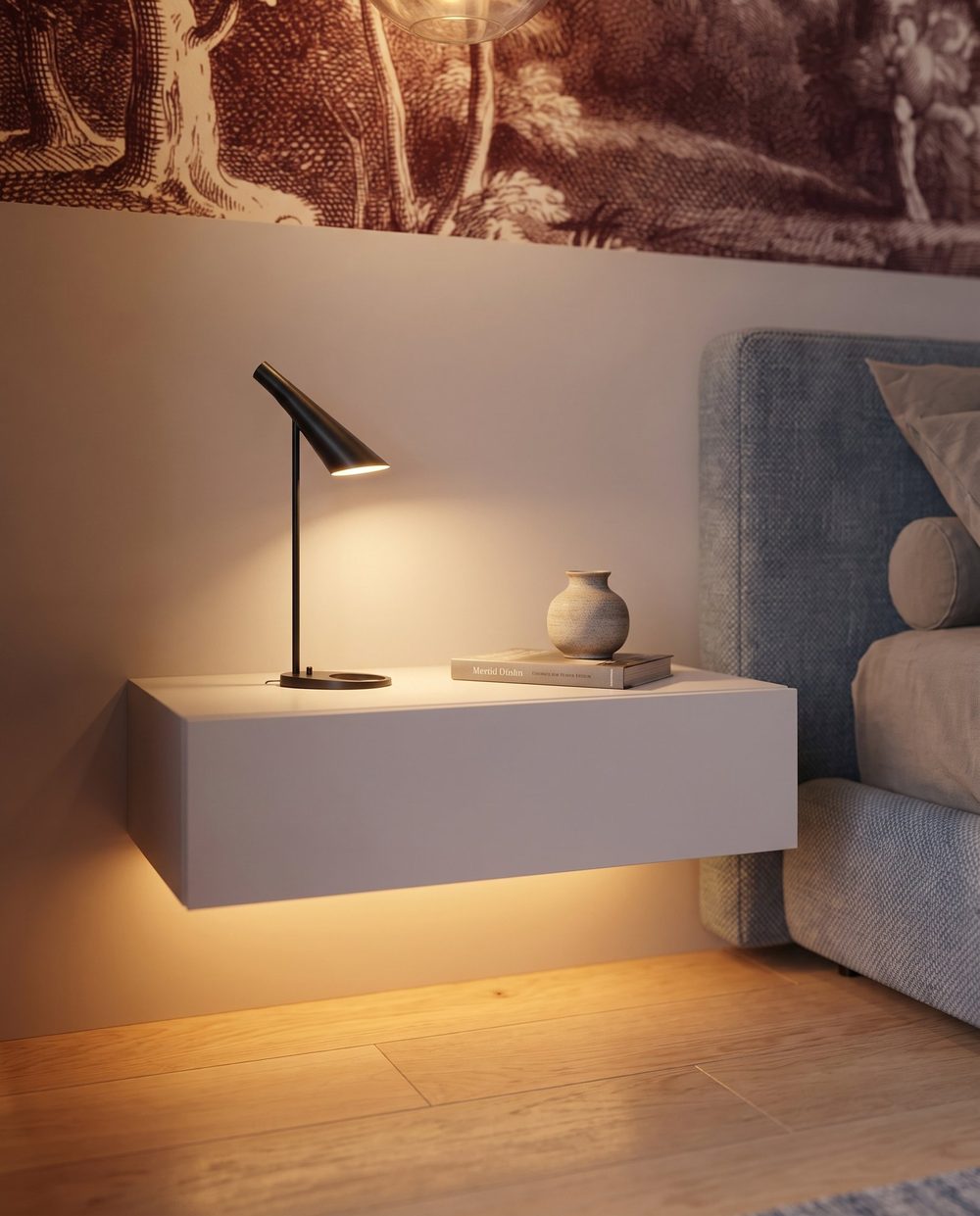 Comodino sospeso in legno con illuminazione LED integrata.
